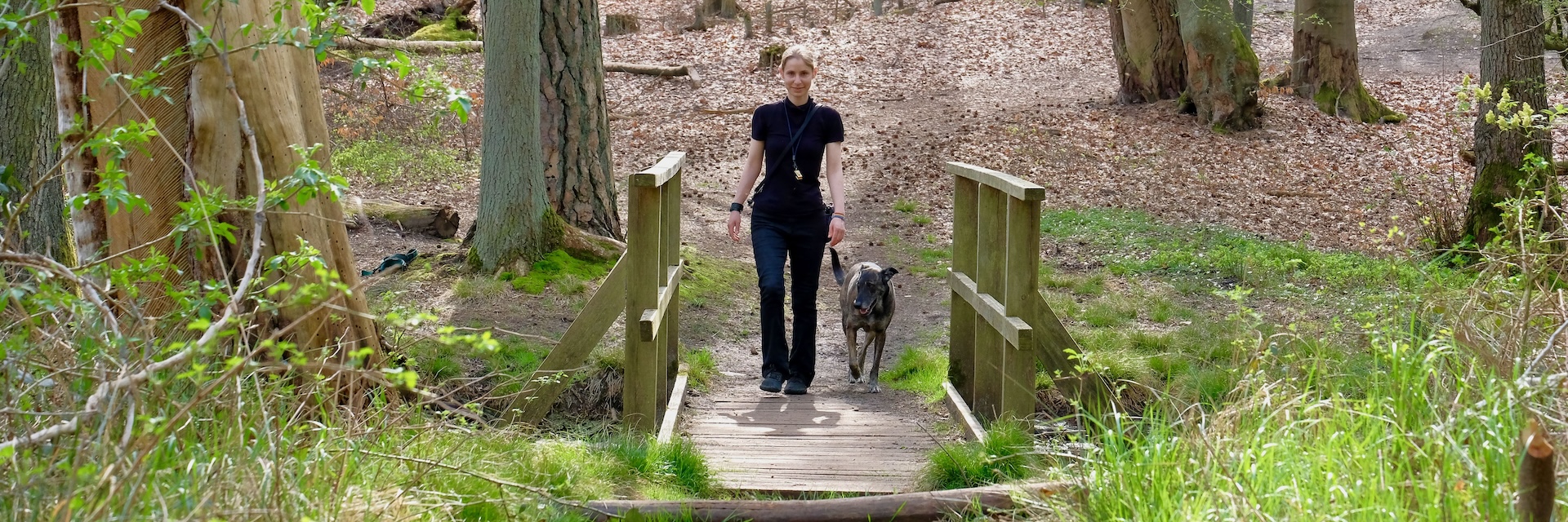 Nicole Engemann von Hundsichtbar läuft mit ihrer Hündin durch den Wald